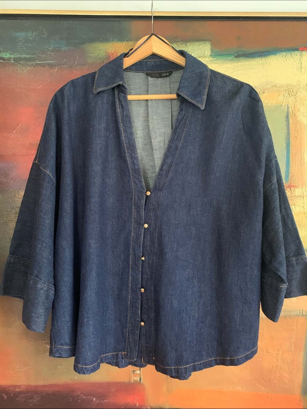 ZARA dark wash denim oversized blouse / poncho-style top, Sz L